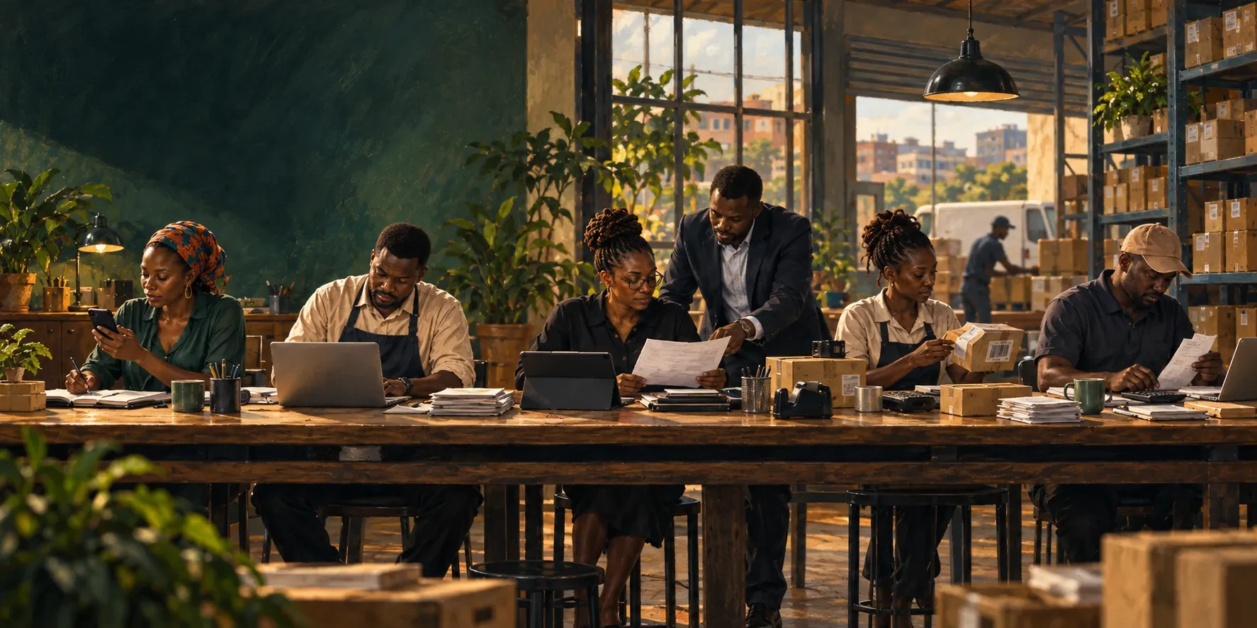 Painterly operations workspace with colleagues handling paperwork, stock, digital records and reconciliation